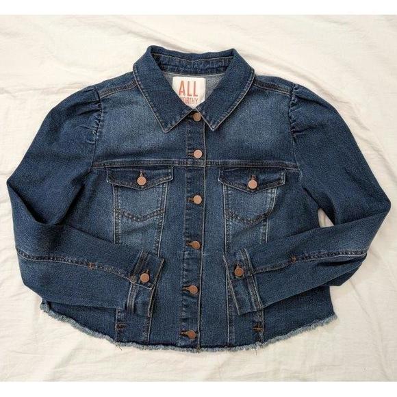 ALL WORTHY Denim Jean Jacket Button-up Puffed Raw hem Sz L - Picture 3 of 7